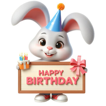 Cute Animal 3D Bunny Holding 'Happy Birthday' Board and Wearing Party Cap Cartoon: Isolated on Transparent Background - Clipart PNG Sticker Design	

