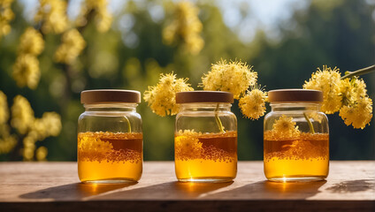 Jars of  flavor honey, flowers in nature
