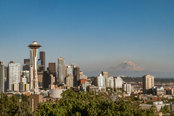 Seattle skyline with Space Need in foreground and Mt. Ranier in distance.