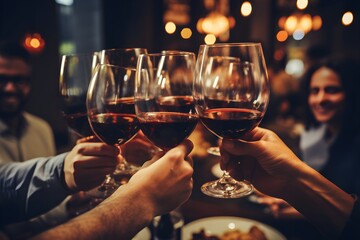 hands-glasses-and-cheers-at-dinner-event-friends