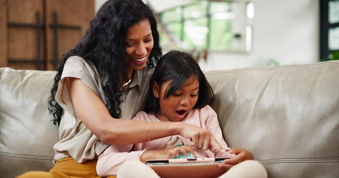 Mother, daughter and living room for relaxation, tablet and smile for love, bonding and connection. Family, technology and sofa for movies, happiness and education with lounge, games and social fun
