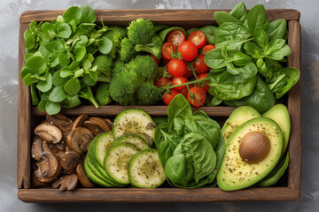 vege life, vegetables arranged, composition made of fresh vegetables