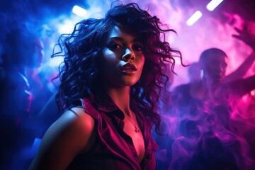 beautiful diverse woman with curly hair dancing in night club at party with blue pink purple neon light and smoke . Night life and clubbing, entertainment industry.