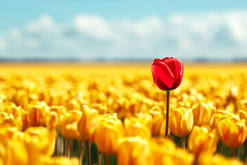 Solitary red tulip standing out in a sea of yellow. Symbolizing the idea of being different and standing up from the crowd. Concept of individuality and contrast. - Powered by Adobe
