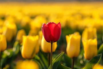 Fototapeta premium Standout red tulip amidst yellow bloom, symbolizing uniqueness and courage of being different. Concept of spring flower, individuality, standing up from the crowd and grow.