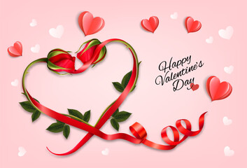 Valentine's Day holiday getting card with red roses shaped heart and paper hearts. Vector illustration - 729633864