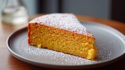 a piece of cake sitting on top of a white plate covered in powdered sugar on top of a wooden table next to a glass of a bottle of water.