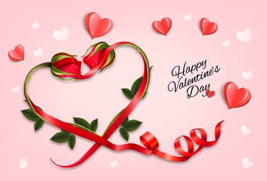 Valentine's Day holiday getting card with red roses shaped heart and paper hearts. Vector illustration