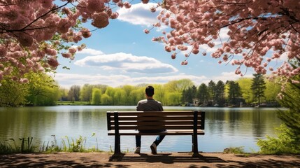 Tranquil spring scene with man on park bench by lake.