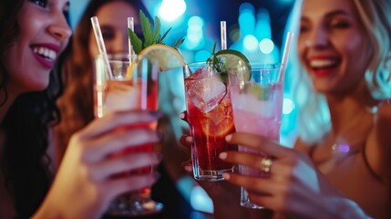 Close-up of girls drinking cocktails in nightclub. Girls having a good time, cheering and drinking cold cocktails, enjoying company together at the bar - obrazy, fototapety, plakaty