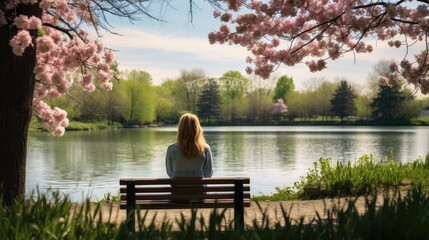 Fototapeta na wymiar Woman Sitting on a Bench Next to a Lake