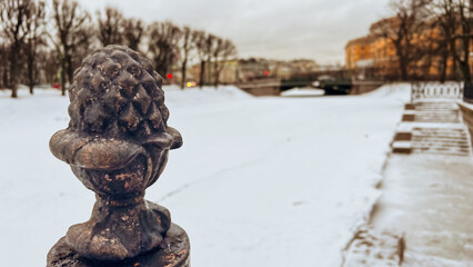 Winter scene in Saint-Petersburg Russia. St Michaels garden in Saint-Petersburg. Frozen river and...