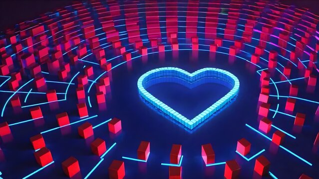 Voxel cyber Valentine's Day pixel love. Pxel red hearts. Voxel love 3d render on background. Love Puzzle. A Romantic Abstract Heart Shape Symbol in 3D Pixel Art

