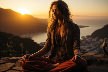 holistic yoga female coach portrait meditating in nature with view of the island and ocean at viewpoint sitting in lotus pose - obrazy, fototapety, plakaty