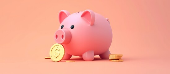 3d render pink piggy bank saving money coin with plastic cartoon minimal style. AI generated image - obrazy, fototapety, plakaty