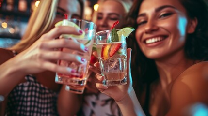 Close-up of girls drinking cocktails in nightclub. Girls having a good time, cheering and drinking cold cocktails, enjoying company together at the bar