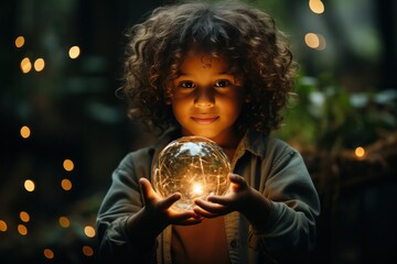 Naklejka premium diverse child holding a Christmas ball. Cute boy with curly hair holding a sphere with lights. Hope for the future concept.