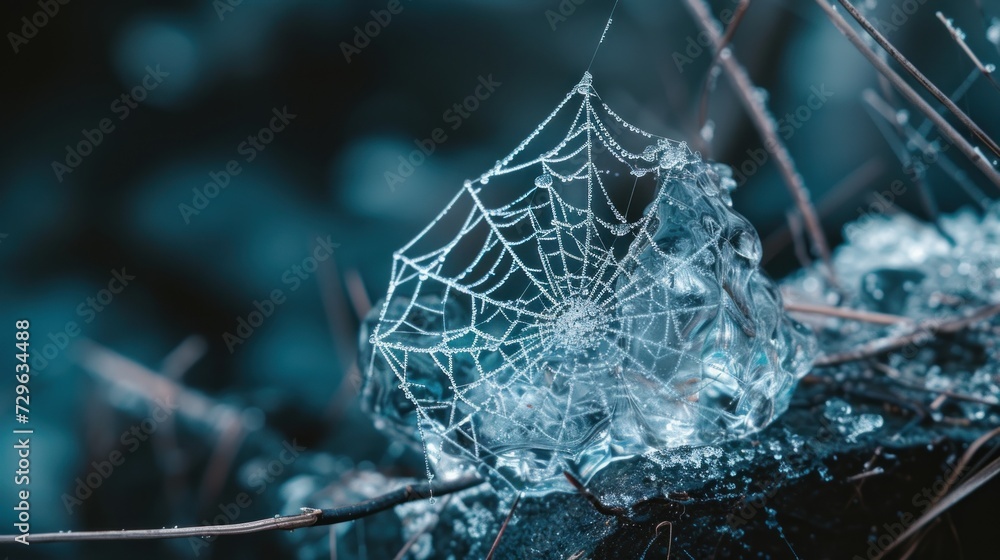 Sticker a close up of a spider's web on a plant with dew drops on the spider's web on the top of the spider'