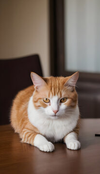 Focus photography of orange and white cat on table