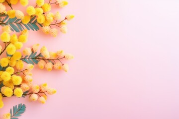 yellow mimosa flower spring pink pastel background with copy space right. Easter springtime banner.