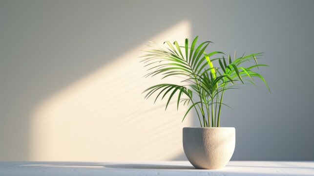  a potted plant sitting on a table in a room with a white wall and a long shadow of the plant on the wall in the corner of the room.