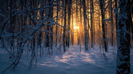  the sun is shining through the trees in a snowy forest with snow on the ground and trees in the foreground, and the sun shining through the trees in the distance.