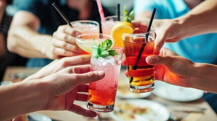 
Group of people celebrating toasting with cocktails - cropped detail with focus on hands - lifestyle concept of people, drinks and alcohol - obrazy, fototapety, plakaty
