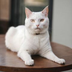Beautiful fluffy white cat resting on table with an alert expression