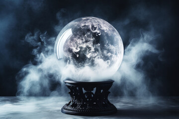 Fortune Teller Crystal Ball Filled with Smoke Over Dark Background - obrazy, fototapety, plakaty
