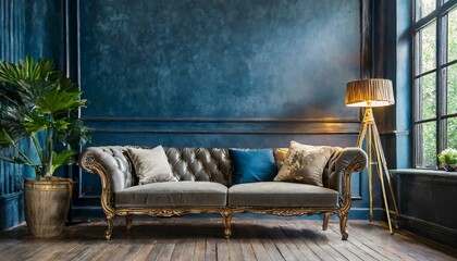 living room interior with sofa and dark blue wall