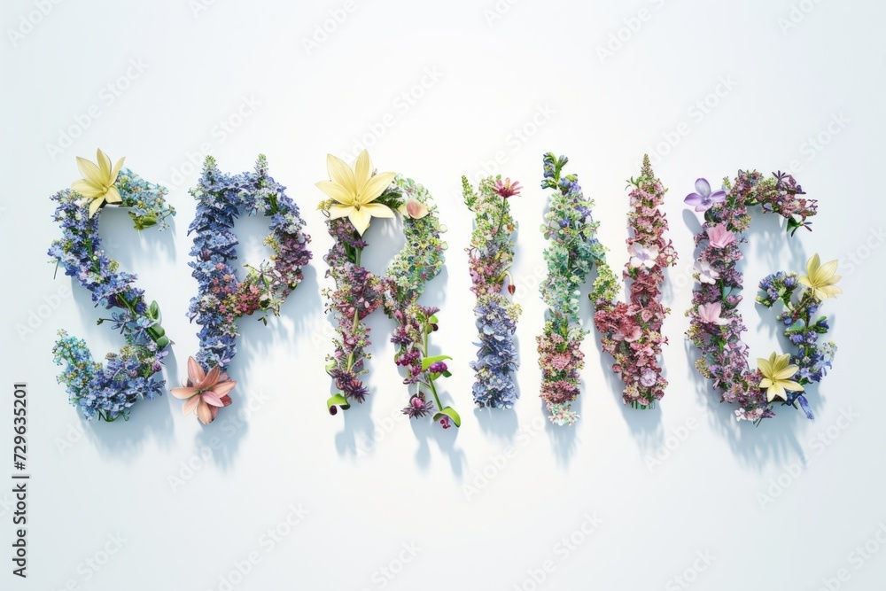 Poster spring text made of flowers generative ai
