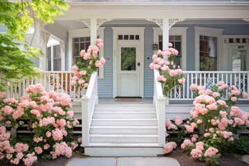 front porch staircase of white classic suburban house with pink blooming flowers in spring - obrazy, fototapety, plakaty