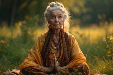 old woman meditating outdoors