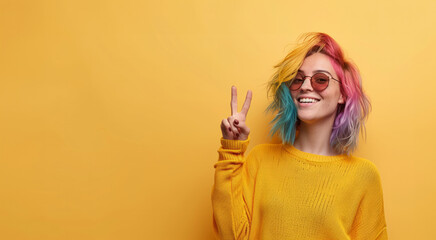 Attractive girl pink color hair pointing by index finger up to place for copy space. copy space for goods promotion advertisement. isolated alone on yellow studio background.