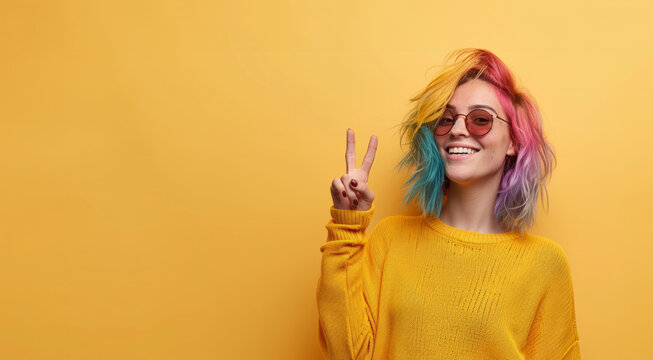Attractive girl pink color hair pointing by index finger up to place for copy space. copy space for goods promotion advertisement. isolated alone on yellow studio background.