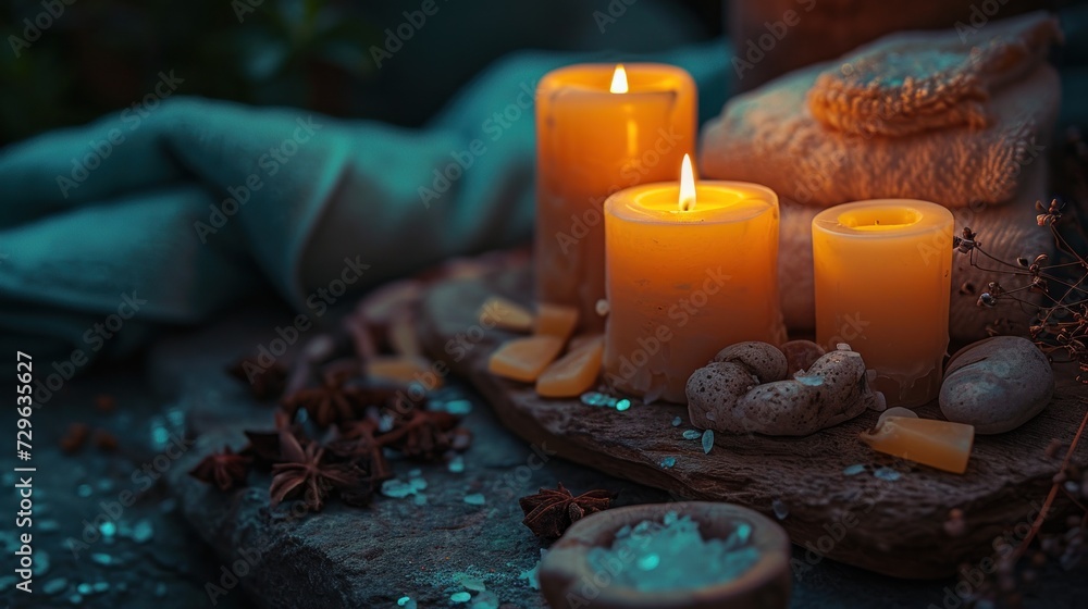 Poster a group of lit candles sitting on top of a wooden board next to a pile of seashells and seashells on