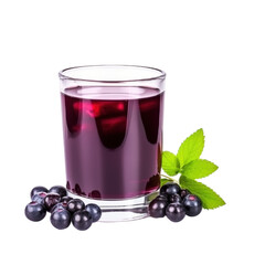 glass of 100% fresh organic huckleberry juice with sacs and sliced fruits png isolated on white background with clipping path. selective focus