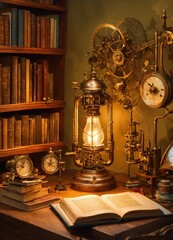 An old lamp surrounded by inventions and books