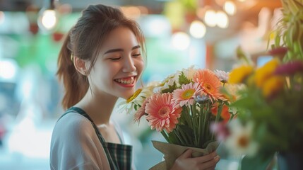 Happy woman holding a bouquet of flowers in the studio