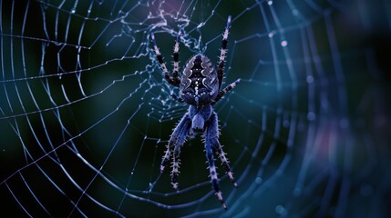  a close up of a spider in its web with water droplets on it's back and a blurry background of trees and bushes in the backgroud. - obrazy, fototapety, plakaty