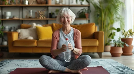 Foto op Plexiglas Cheerful elderly fitness enthusiast enjoying break after indoor workout, holding water bottle, smiling at camera while sitting on yoga mat in living room © Zahid