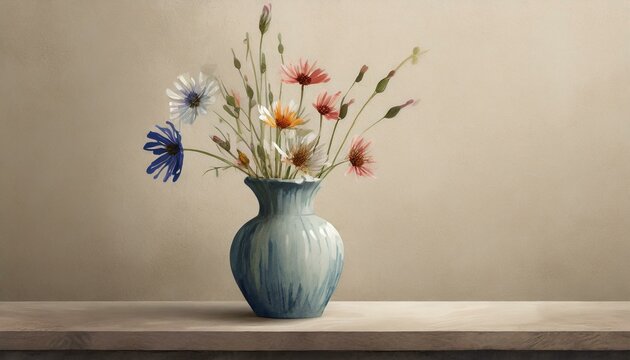 Field flowers in vase over pale beige wall backgroun