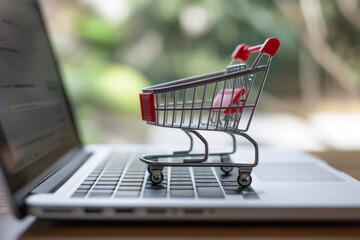 Miniature Shopping Cart on Laptop: Online Shopping Concept