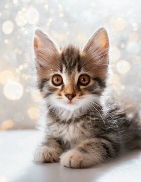 kitten picture looking straight to camera in golden bokeh
