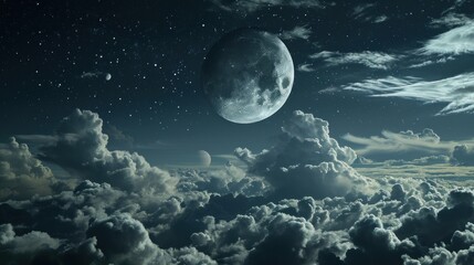  a view of a full moon in the sky with clouds in the foreground and a full moon in the middle of the night sky with stars and clouds in the foreground.