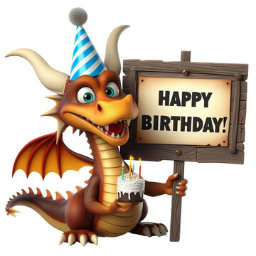 Cute Animal 3D Dragon Holding 'Happy Birthday' Board and Wearing Party Cap Cartoon: Isolated on Transparent Background - Clipart PNG Sticker Design	