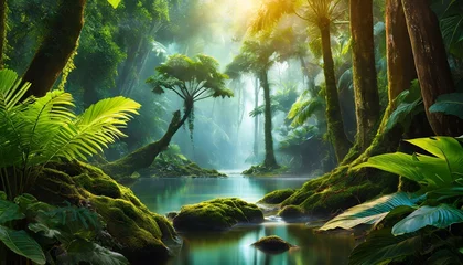 Tuinposter calm river in the jungle forest © Omega