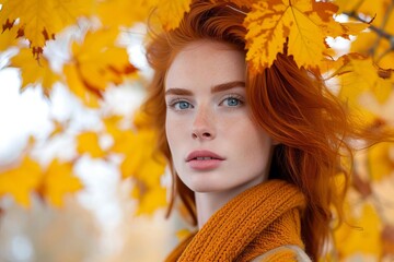 Naklejka na ściany i meble Attractive redhead woman symbolizing the autumn season Set against a backdrop that enhances the seasonal mood and fashion