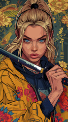 Fototapeta premium Blonde girl with blue eyes stands with a katana