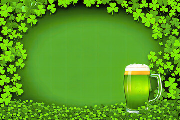 Green beer with foam on top, surrounded by clover leaves, on a wooden table. Background for St. Patrick's Day,copy space